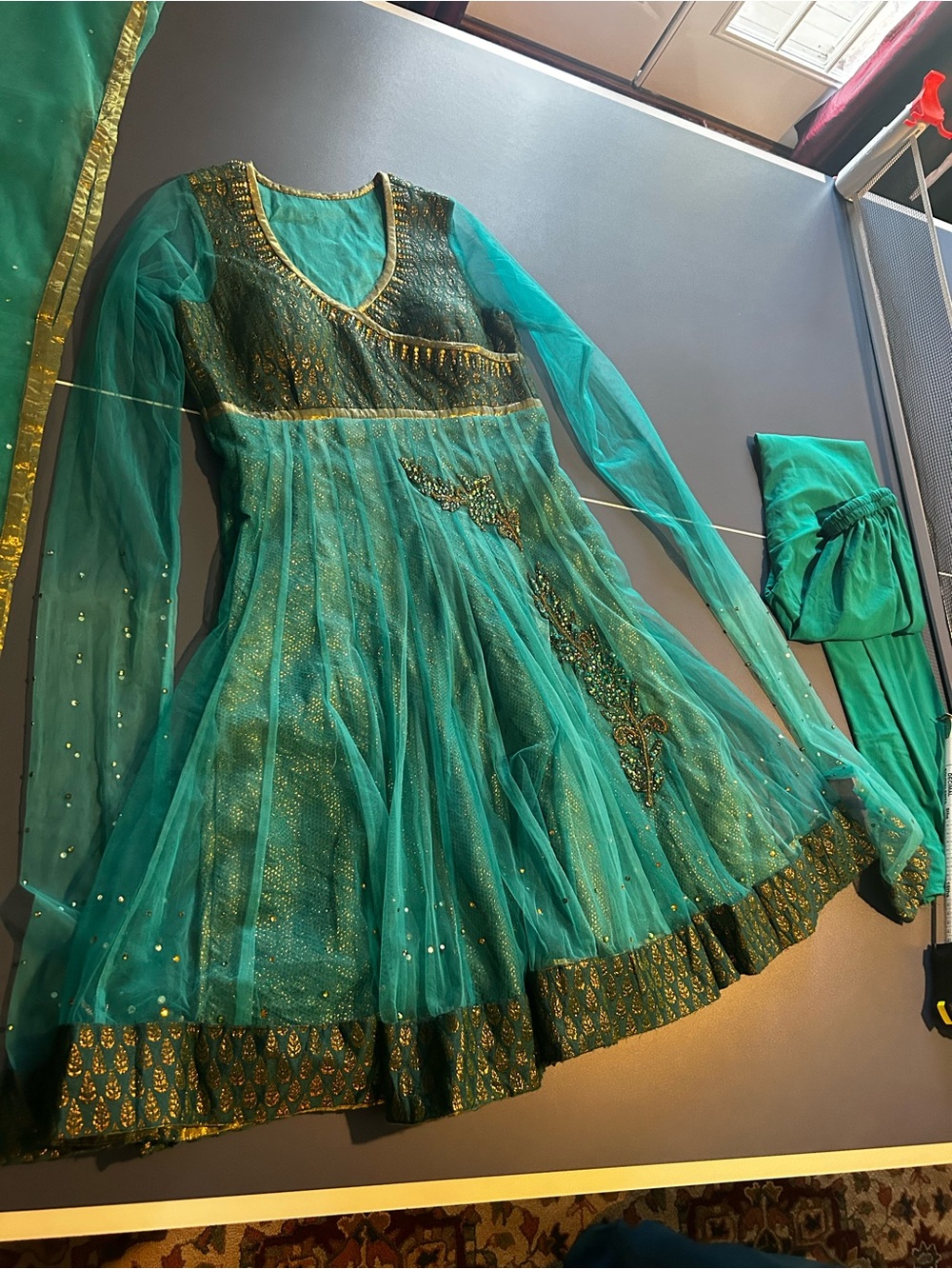 Women’s Teal Embroidered kali dar  Party Dress